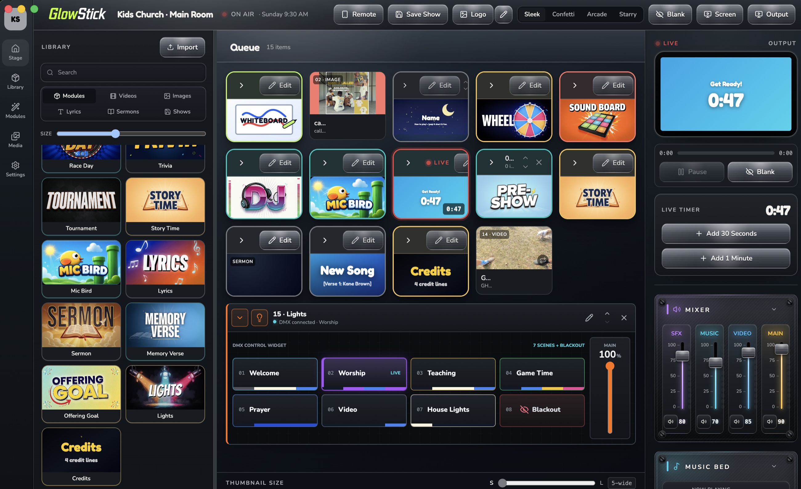 The GlowStick live production workspace with its module library, show queue, output preview, timer controls, lighting scenes, and audio mixer